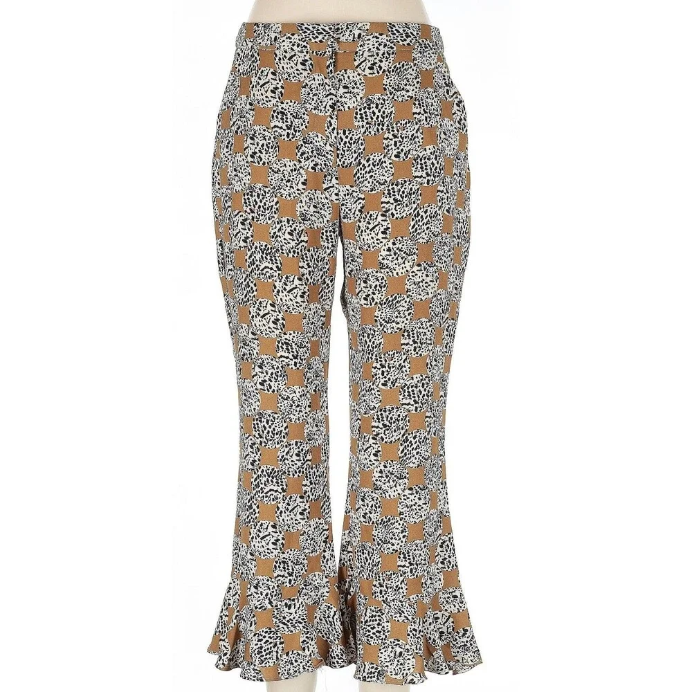 Topshop Leopard Spot Frill Trousers High Waist Crop Pants Ruffle Hem Boho Sz 10 - Picture 3 of 4
